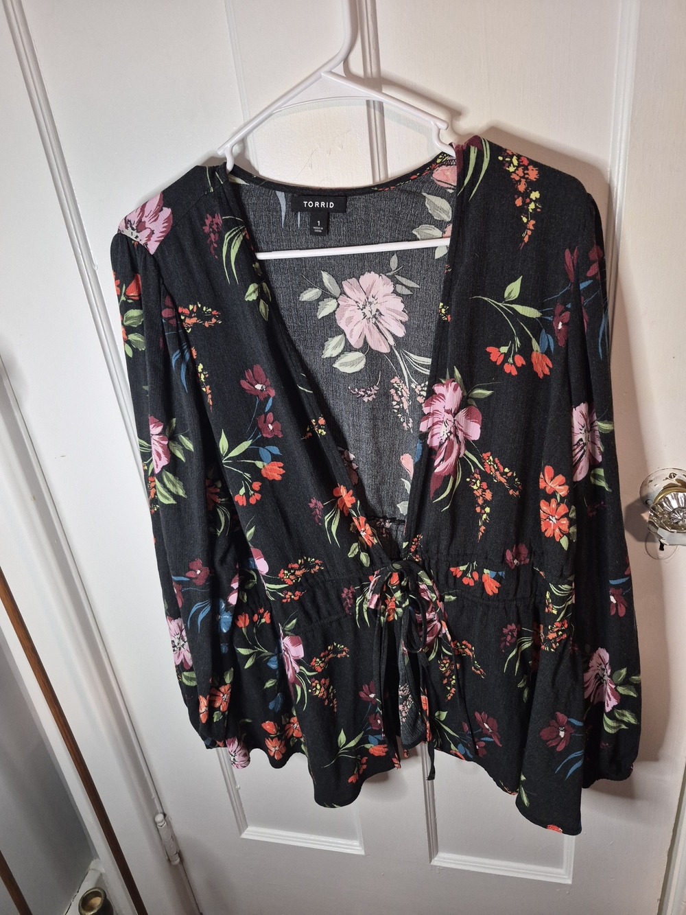 torrid Black Floral Tie-Front Blouse with Pink & Red Blooms